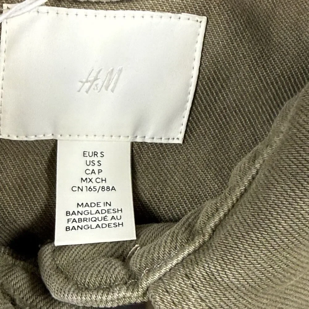 H&M Women’s Cropped Oversized Jacket Sz S Olive Khaki Twill Cotton Workwear NWT